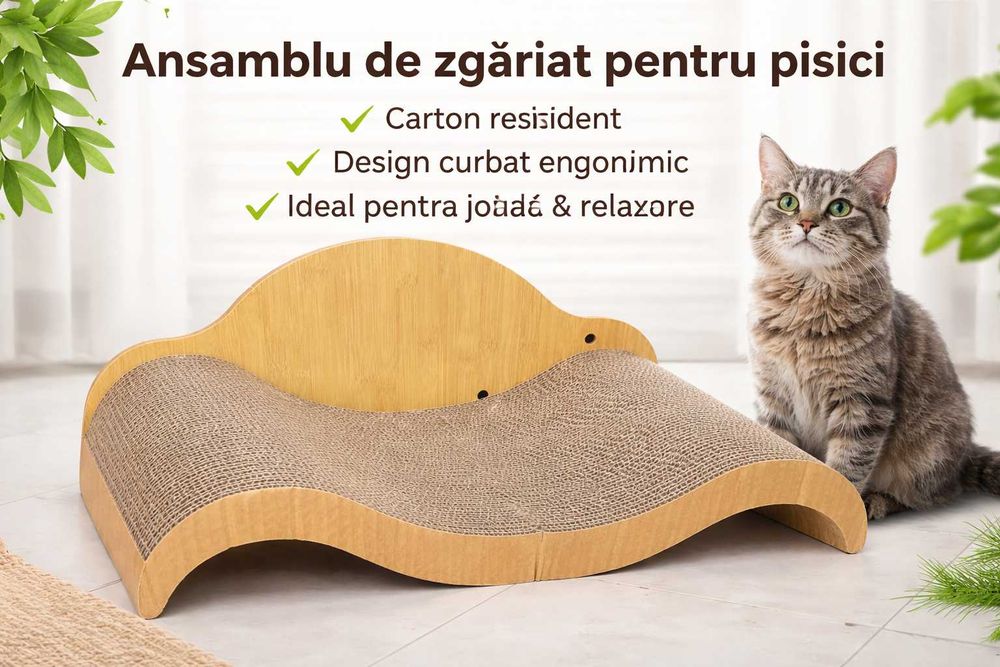 Ansamblu planșă de zgâriat pentru pisici design curbat, carton durabil