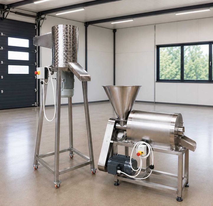 Linie productie suc natural din rosii, mere, pere, gutui - spalator, tocator, desamburitor, presa, pasteurizator electric cu umplere in sticle/pungi