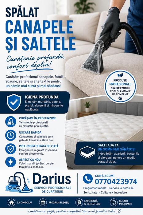 Servicii de curatare canapele si saltele la domiciliu