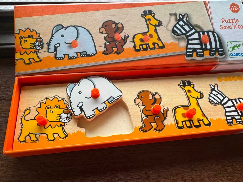 Puzzle lemn Djeco Sava’n’co cu animale, 5 piese cu buton, +12 luni, nou