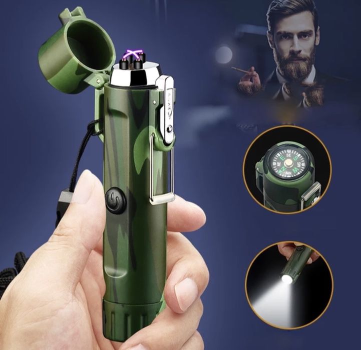 Плазмена запалка водоустойчива с фенер и компас тактическа туризъм лов