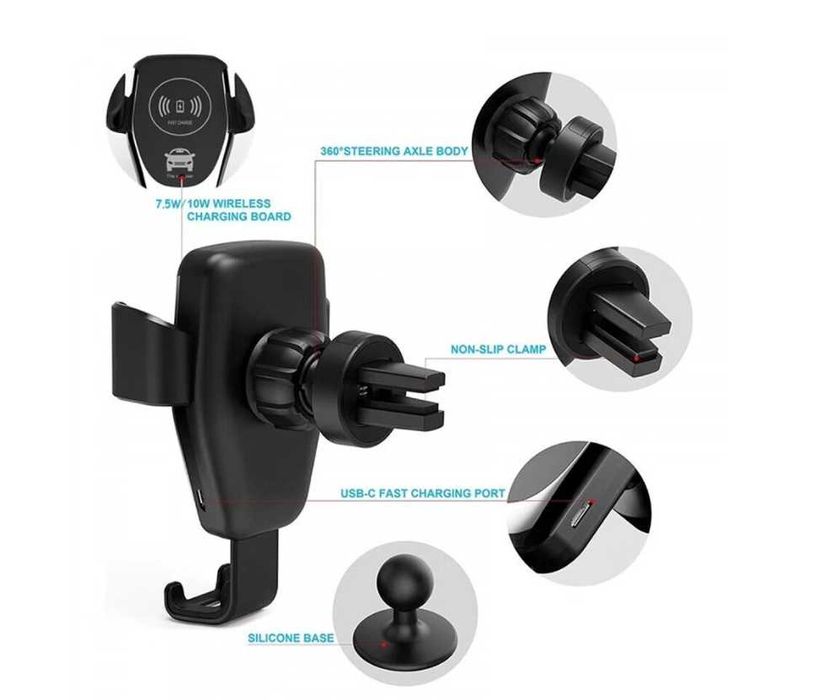Suport auto telefon cu încărcare wireless rapidă – fixare grilaj