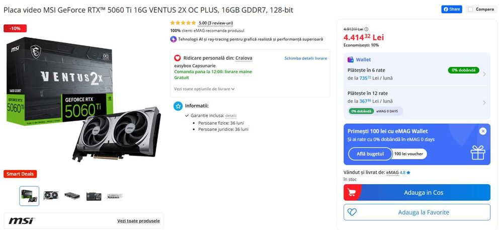 Placa Video MSI GeForce RTX 5060 Ti 16GB GDDR7 VENTUS 2X OC PLUS - Garantie 36 luni