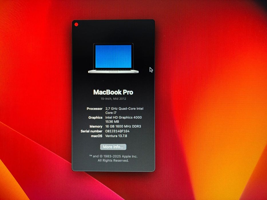 Vand MacBook Pro A1286 MID 2012 , i7 QUAD-CORE 2,7GHZ , 16GB RAM 1600 mhz, macOS VENTURA