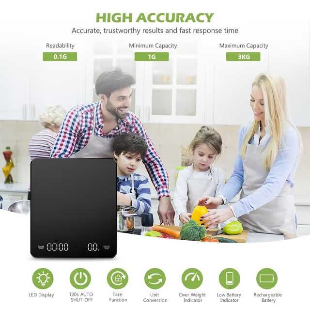 Cantar barista cu timer, 3 kg / 0.1 g, USB-C, pentru espresso si bucatarie