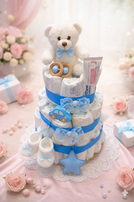Tort de scutece ideal pt cadou, botez, gender reveal, baby shower