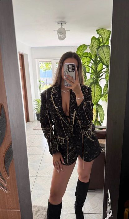 Rochie tip sacou negru auriu cu lanțuri, nouă, mărimea S
