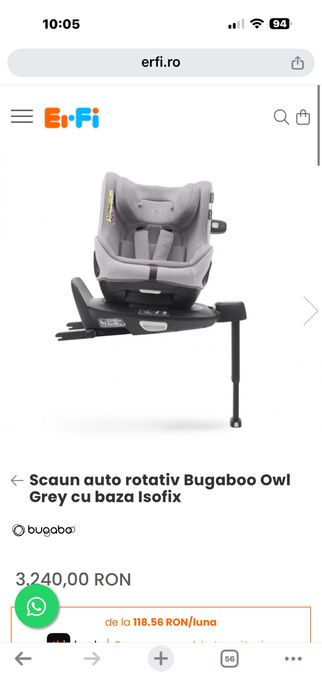 Scaun auto rotativ Bugaboo Owl Grey cu baza Isofix