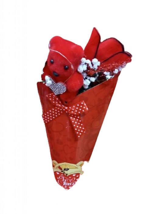 Романтичен букет с мече и червени рози