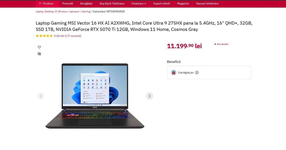 Laptop Gaming MSI Vector 16 Intel Ultra 9 275HX 5.4GHz 16"QHD+32GB 1TB RTX5070Ti 12GB Win 11