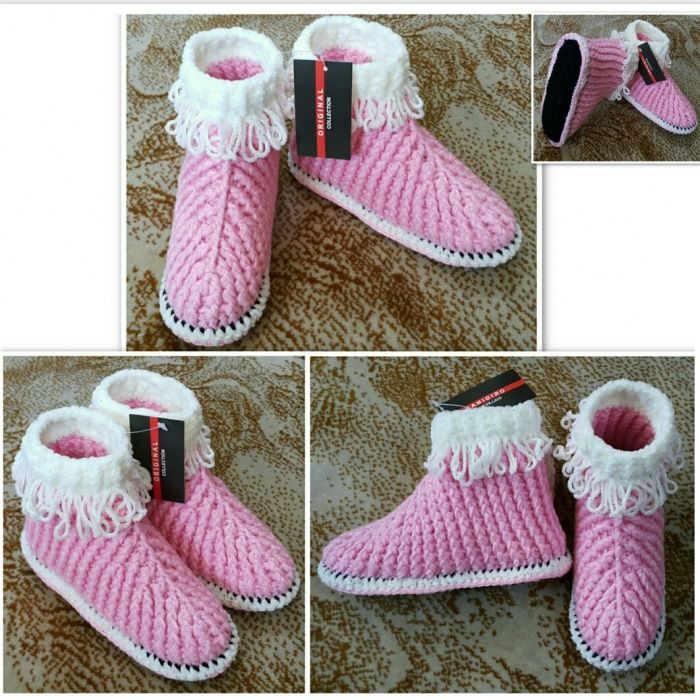 Вязаные домашние сапожки тёплые и удобные с синтепоном на подошве