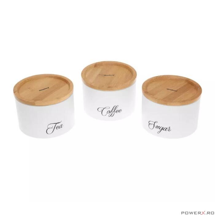 Recipiente pentru cafea, ceai, zahar, din inox-bambus, albe, Klausberg
