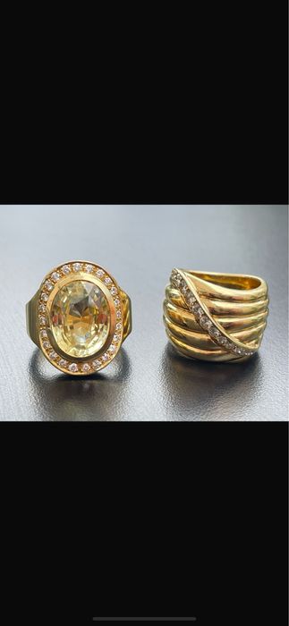 Inel aur 18 karate cu safir galben central si diamante naturale