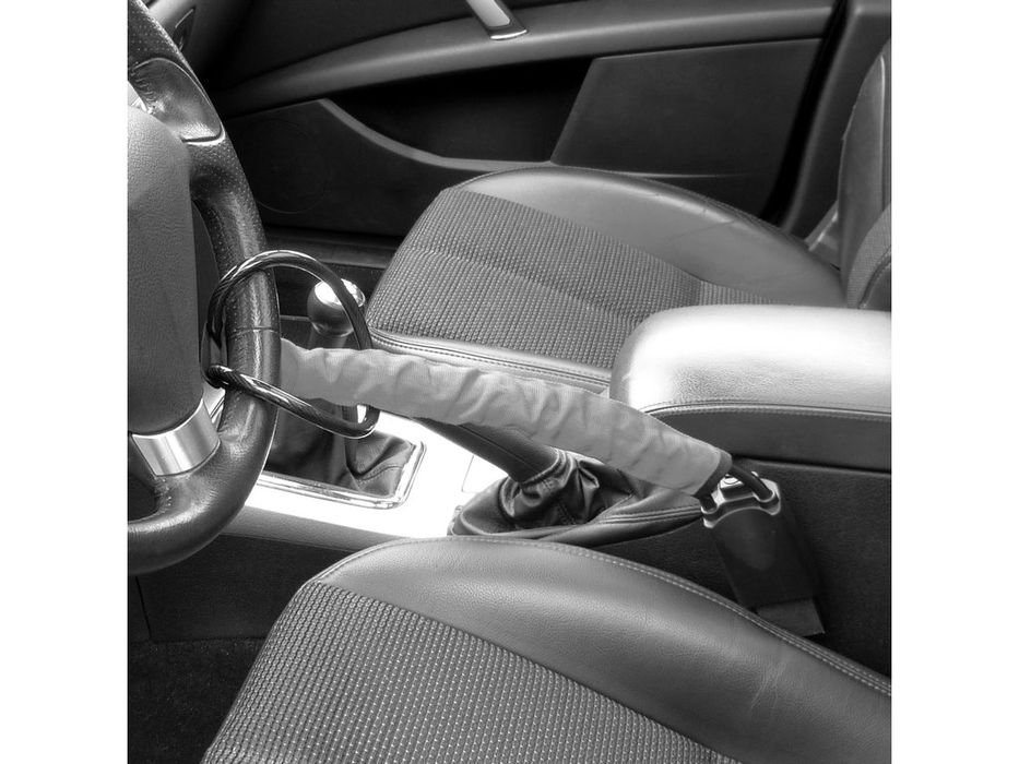 Antifurt auto pentru volan cu prindere in centura de siguranta, cablu din otel calit 70 cm, 2 chei, rosu/negru