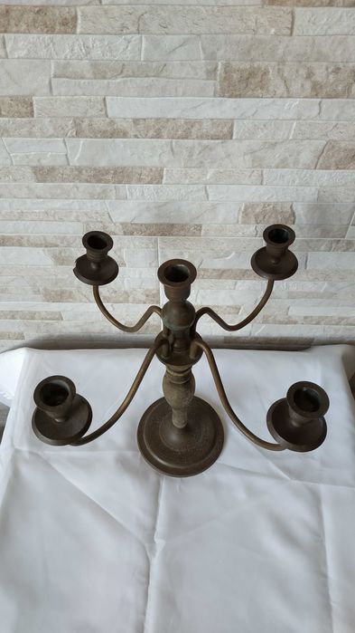 Голям стар свещник - месинг и дърво - 34см - Антика