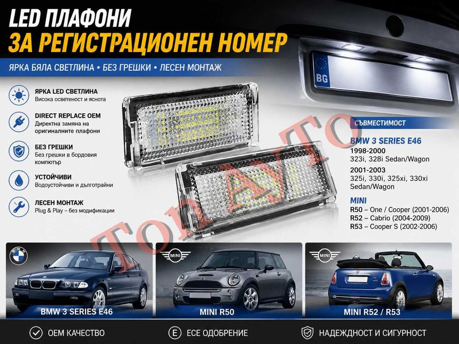 Лед LED Плафони Регистрационен Номер БМВ Е46 4 Врати Седан Комби 1998 - 2003 BMW E46 Мини Купър MINI COOPER R50 R52 R53