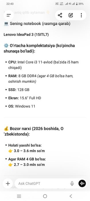 Notebook sotiladi 8 ga 256 windows 11 pro urilgan n4020 marka