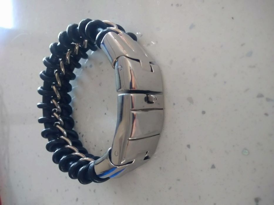 Нова Масивна мъжка гривна от кожа и стомана