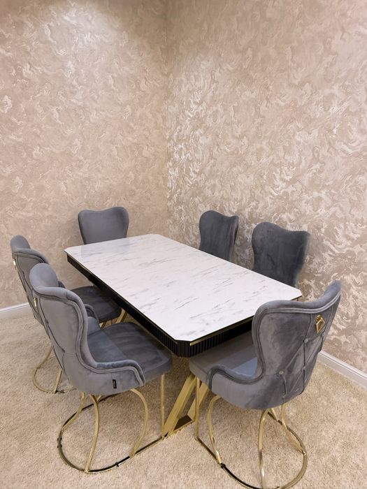 Обеденный стол + 6 стульев | мрамор | велюр | премиум
