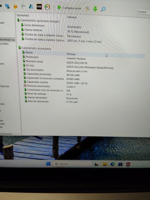 Laptop HP Zbook Fury G8  i7-11850H,16gb RAM ,ssd 512gb nvme ,baterie ok uzura 13% ceva probleme estetice  unele colturi atinse  ceva zgârieturi