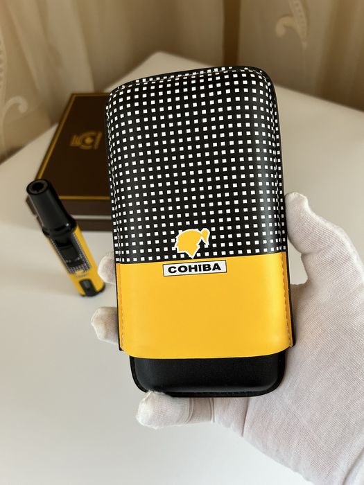 Cohiba комплект за пури – кожен калъф за 3 пури + запалка