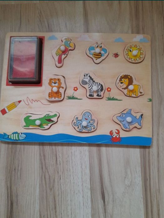 set 2 puzzle Montessori lemn copii animale ferma stampile