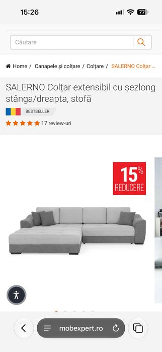 Coltar extensibil Mobexpert stofa gri cu perne incluse