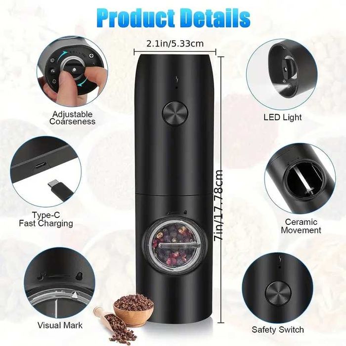 Нов комплект автоматични мелнички за сол и пипер LED стилен дизайн USB