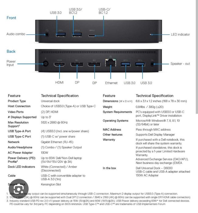 Docking station Dell D6000 4k 130W