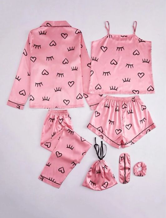 Комплект пижама от 7 части сатен риза потник къси панталонки ластик