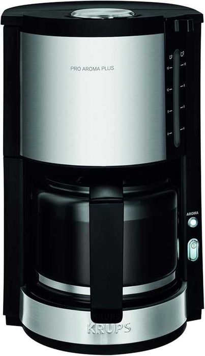 Кафемашина Krups KM321 Proaroma Plus Glass, 10 чаши, 1100 W, модерен дизайн, черна с апликация от неръждаема стомана [Енергиен клас B]