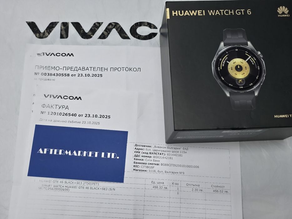 КАТО НОВ 46mm Huawei watch GT 6 Vivacom Гаранция 2027 Black / Черен GT6