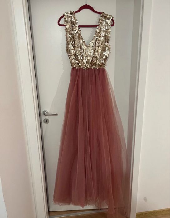Rochie lunga roz cu auriu