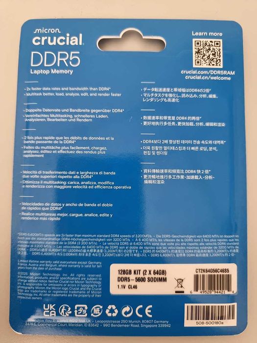 Памет за лаптоп Crucial (Micron) Kit 128GB = 64GB x 2 DDR5-5600 SODIMM