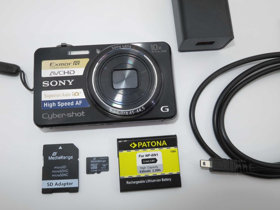 Sony Cyber Shot WX100 ултра компактен цифров фотоапара, дигитална камера в черен цвят, FULL-HD, 10x оптичен зум, 16MP, пълен комплект, работи отлично