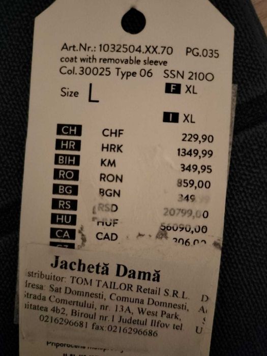 geaca de dama TOM Tailor marimea 46 250lei pret FIX, NOU cu eticheta