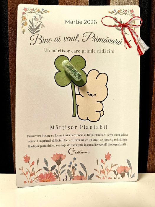 Martisor plantabil cu trifoi – pastila cu rasad, simbol noroc