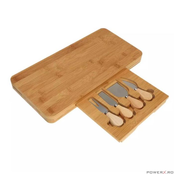 Tocator din bambus cu accesorii pentru branzeturi, tava servire,