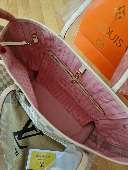 Geanta piele naturala 100%,model Neverfull,portofel simplu atasat, certificat,card,saculet