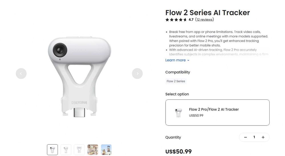 Insta360 Flow 2 Pro Arctic White + Mic Bundle + AI Tracker | Закупен от САЩ | Като нов