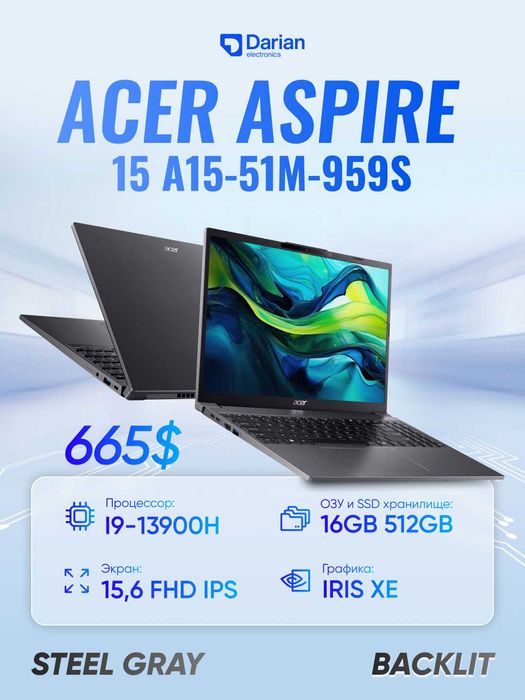 ACER ASPIRE 15 A15-51M-959S I9-13900H 16GB 512GB 15,6 FHD IPS BACKLIT