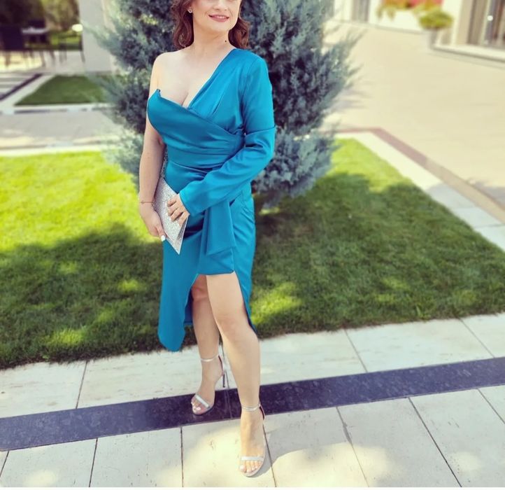 Rochie saten albastru petrol lungime midi