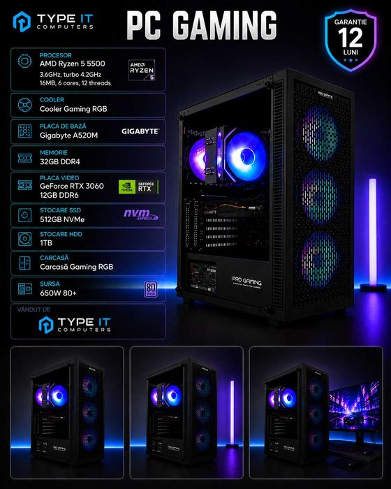 PC Gaming Ryzen 5500, 32GB DDR4, RTX 3060 12GB DDR6, 512 Nvme