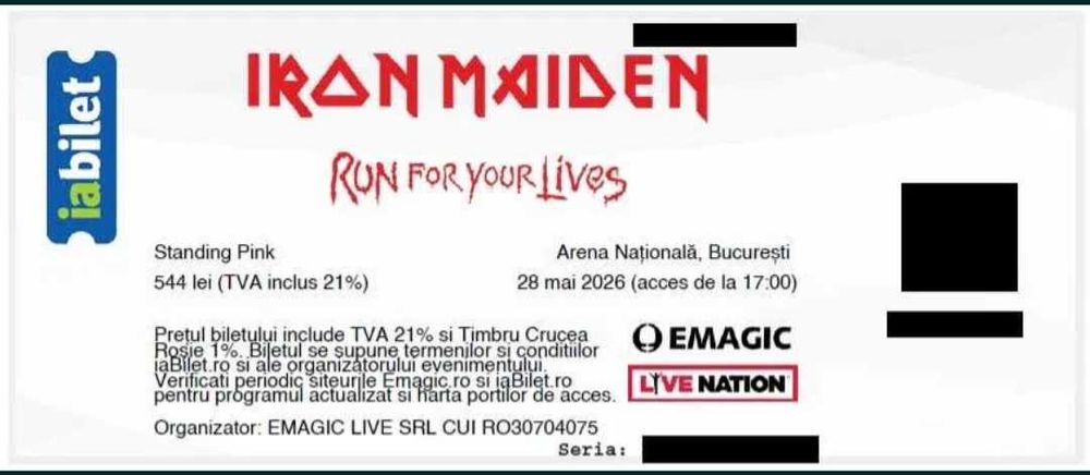 2 bilete Iron Maiden in fata scenei Standing Pink 28 mai format digital