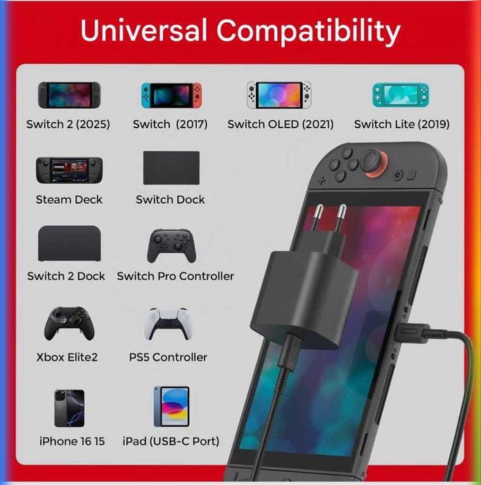 60W Fast Charger USB-C Универсално зарядно с адаптер - Nintendo Switch 2/ Switch1/ Steam Deck – НОВО