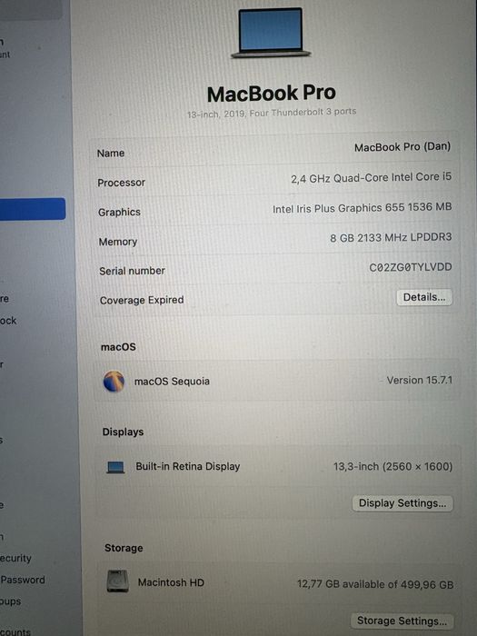 Vand MacBook Pro 2019 Intel i5, 8GB RAM, 512 GB SSD