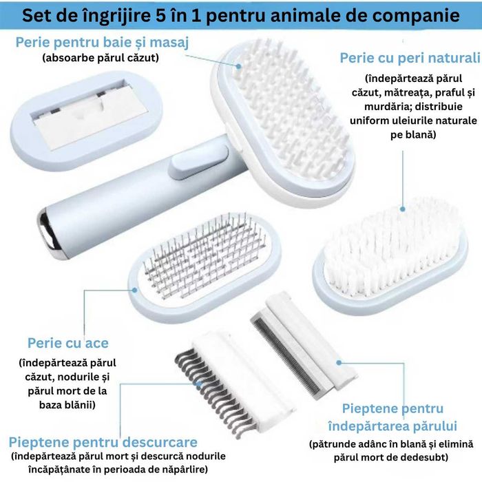 Perie profesională 5-în-1 pentru câini și pisici