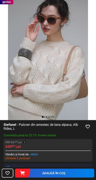 Pulover STEFANEL Dama, lana alpaca, alb fildes, marime M - ideal cadou