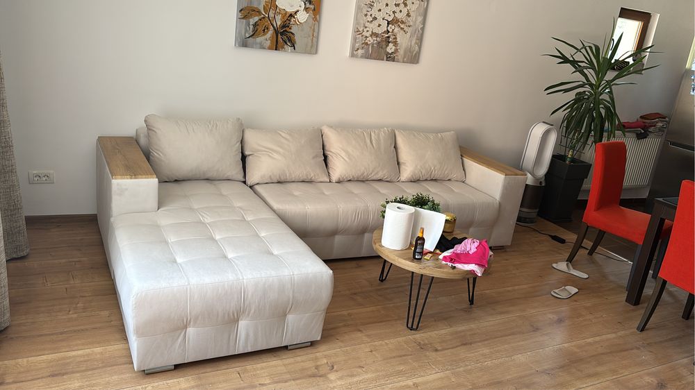 Colțar extensibil Napoli, bej, cu ladă + etajeră, 298 cm – stare foarte bună