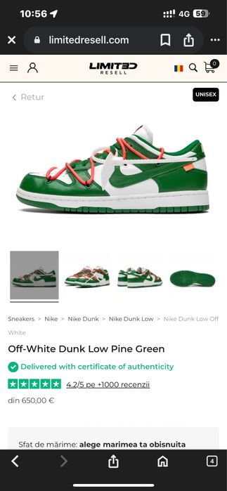 Nike Off White Dunk Low Pine Green nr.46